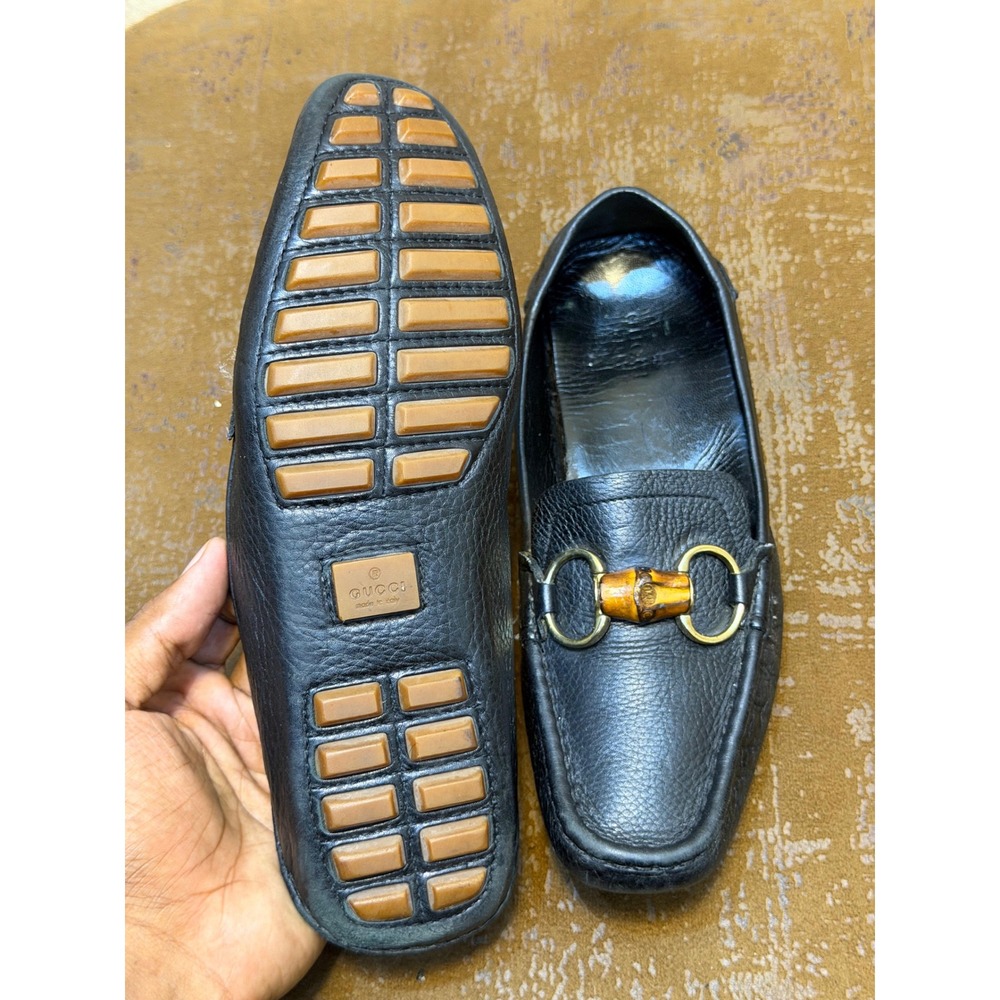 Gucci Horsebit Bamboo Loafers Black Pebbled Leather Driving Shoes 155162 37.5 G - Picture 7 of 8